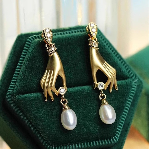 Hand Pearl Dangle Earrings Gold Tone Cubic Zirconia Women's Jewelry Gold - Picture 1 of 7